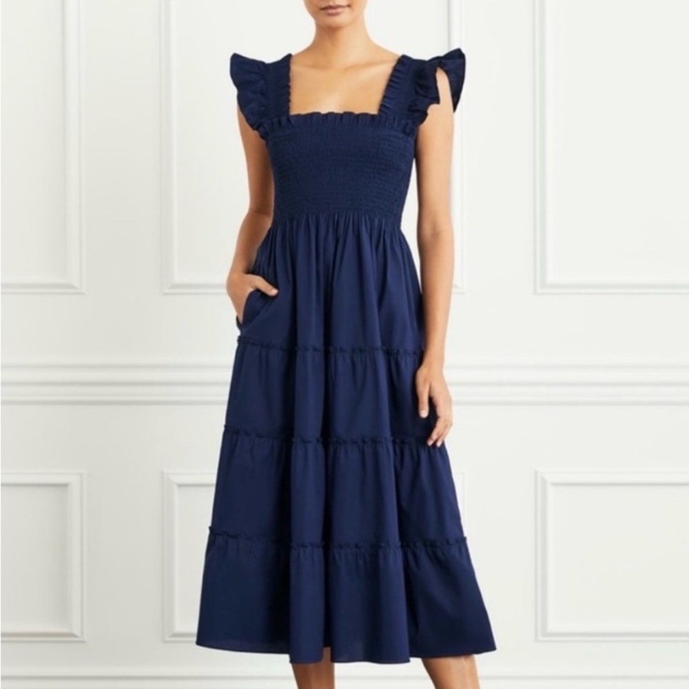 Hill House Navy Blue Smocked Tiered Midi Dress
